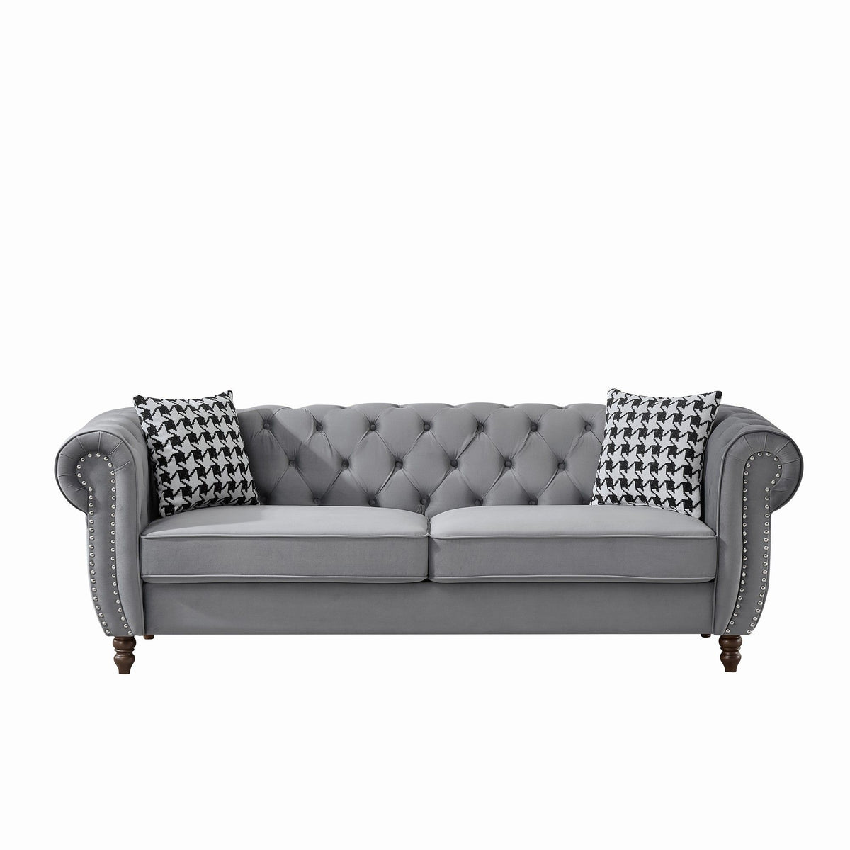 Chesterfield Upholstery Fabric Sofa With Roll Armrest & Nailhead