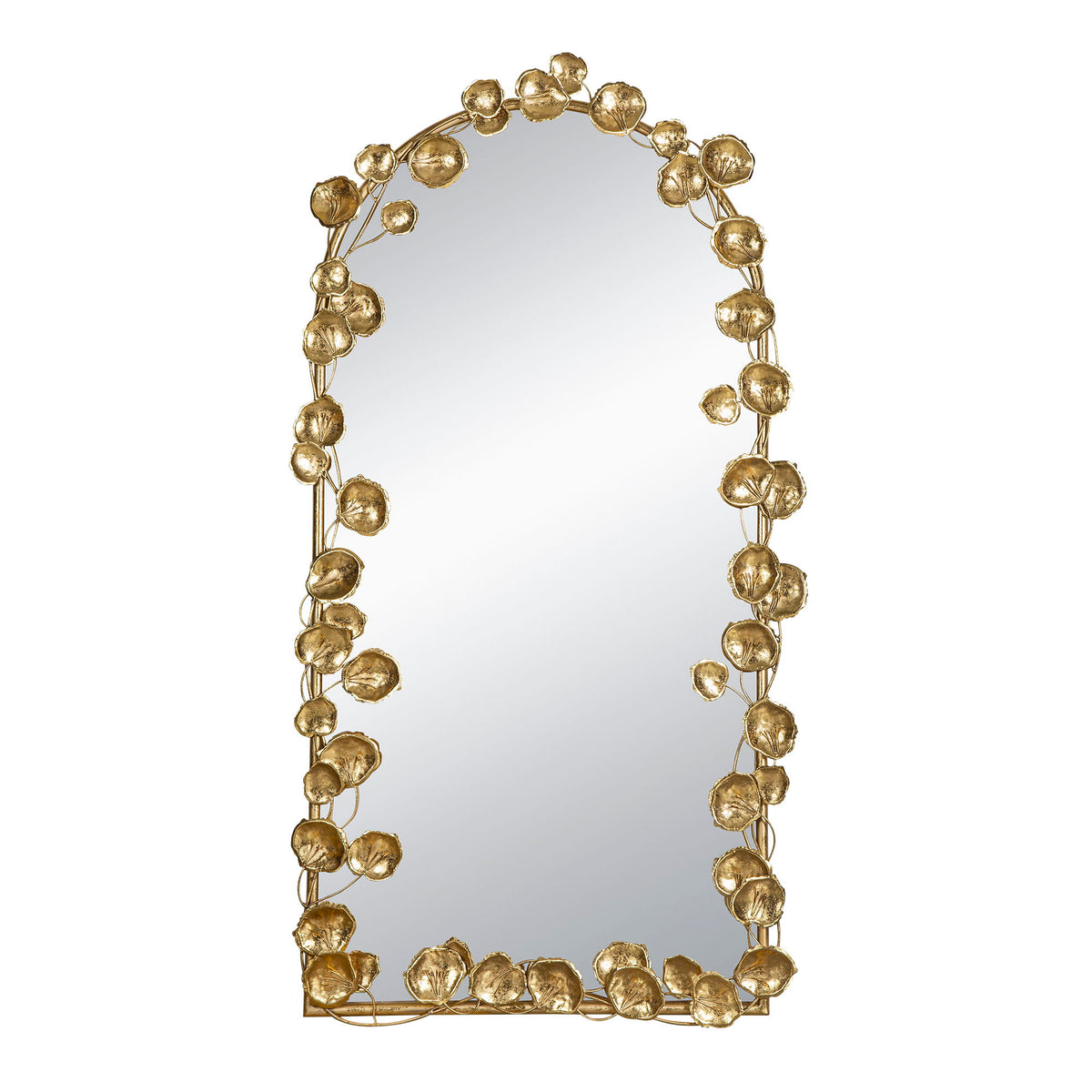 Espejo de pared arqueado de cuerpo entero con detalles de hojas, espejo decorativo para sala de estar y dormitorio, dorado