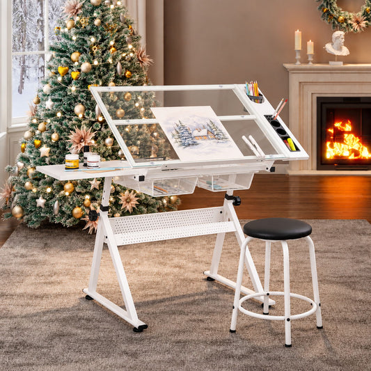 Mesa de dibujo e impresión de vidrio templado ajustable con silla