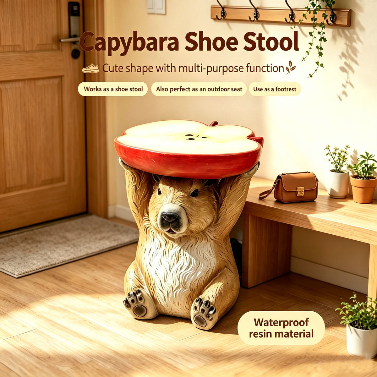 14'' Capybara Holding Apple Slice Stool, Cute Animal Side Table Decor, Indoor Outdoor Creative Figurine Seat For Patio, Garden, Porch, Living Room Home Decor