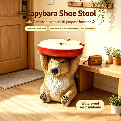 14'' Capybara Holding Apple Slice Stool, Cute Animal Side Table Decor, Indoor Outdoor Creative Figurine Seat For Patio, Garden, Porch, Living Room Home Decor