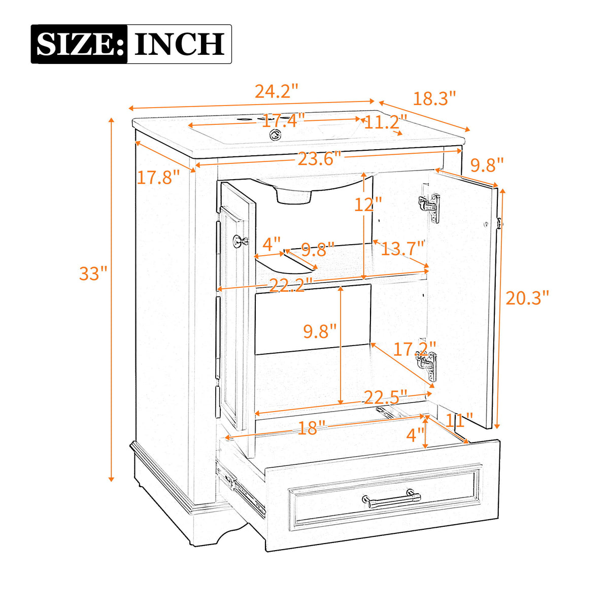Mueble de baño con lavabo de cerámica, armario de almacenamiento moderno independiente con tiradores plateados.