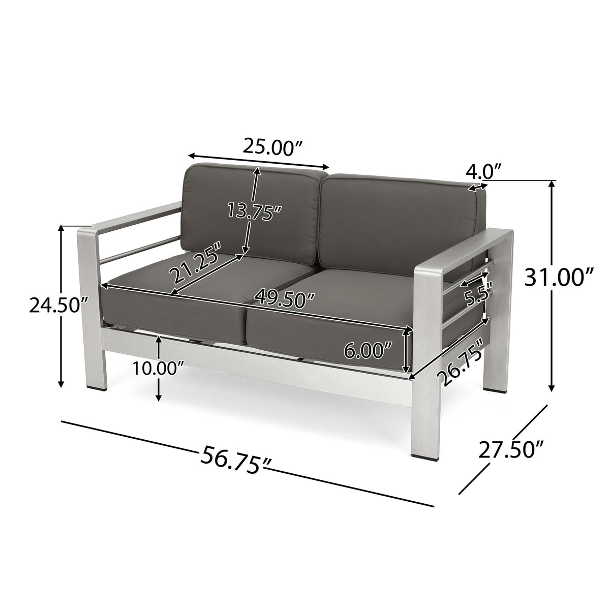 Outdoor Aluminum Loveseat With Cushion - Khaki