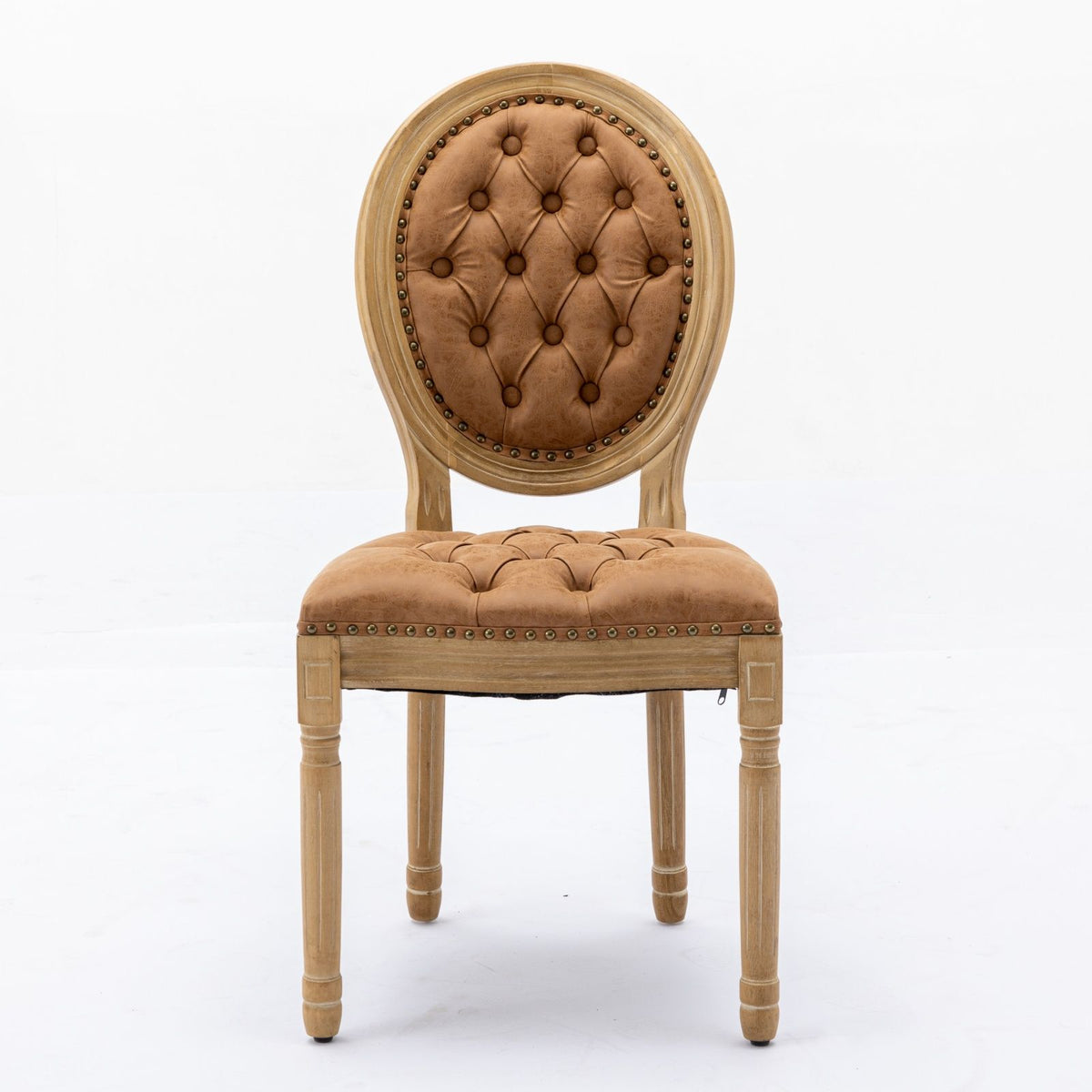 Silla de comedor de estilo francés con marco de madera maciza, pintura antigua, hebillas hechas a mano, cuero sintético de PU, ribete de tachuelas y patas de madera.