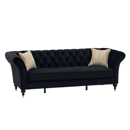 3 Seater Button Tufted Sofa With Rolled Arms, Living Room Couch With 2 Pillows - Black