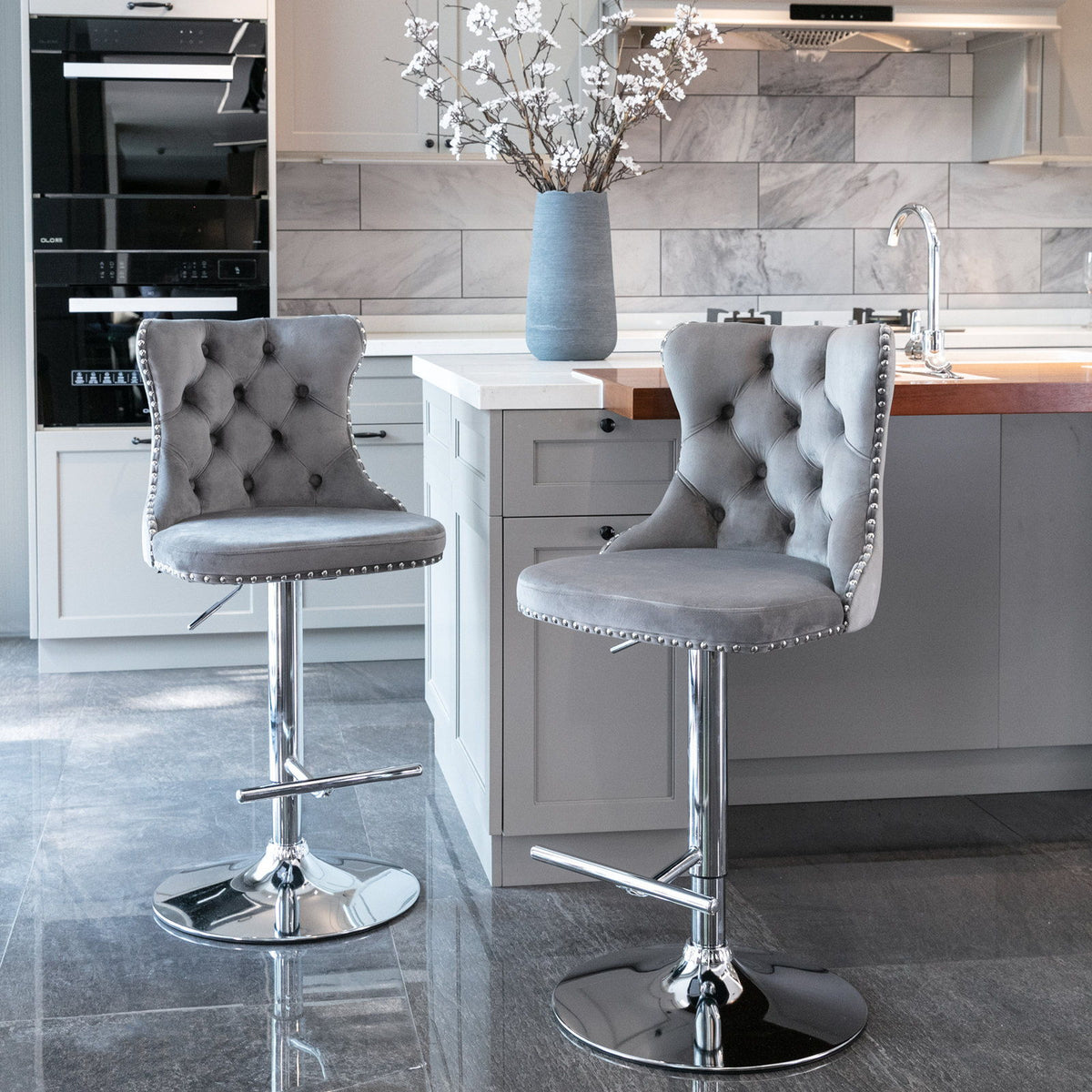 Swivel Barstools Adjusatble Seat Height From 25-33", Modern Upholstered Base Bar Stools With Backs Comfortable Tufted For Home Pub And Kitchen Island (Set of 2)