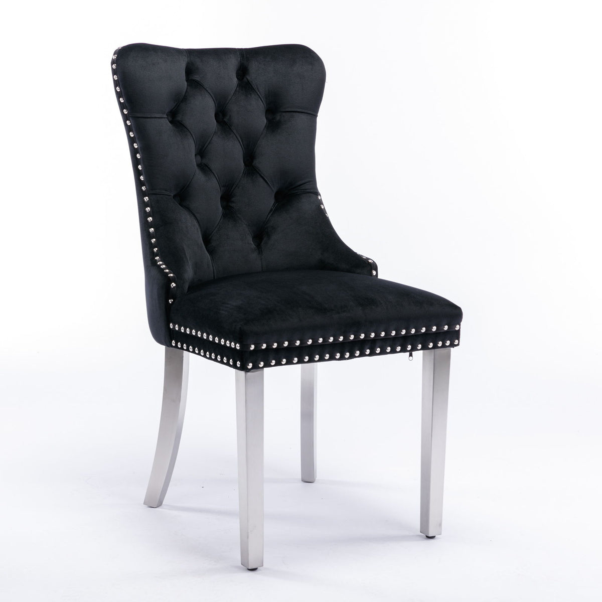 Nikki - Silla de comedor moderna y de alta gama, de madera maciza capitoné, tapizada en terciopelo, con patas de acero inoxidable cromado y ribete de tachuelas (juego de 2)