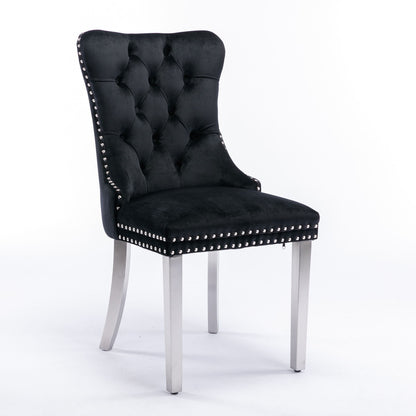 Nikki - Silla de comedor moderna y de alta gama, de madera maciza capitoné, tapizada en terciopelo, con patas de acero inoxidable cromado y ribete de tachuelas (juego de 2)