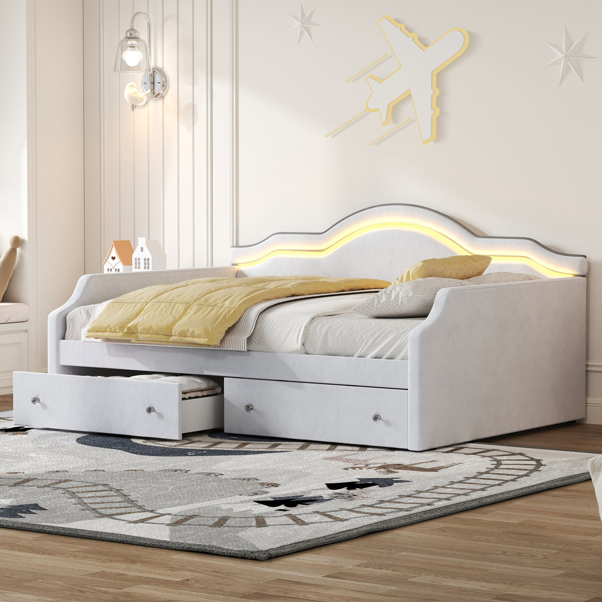 Upholstered Daybed With LED Lights And 2 Drawersme