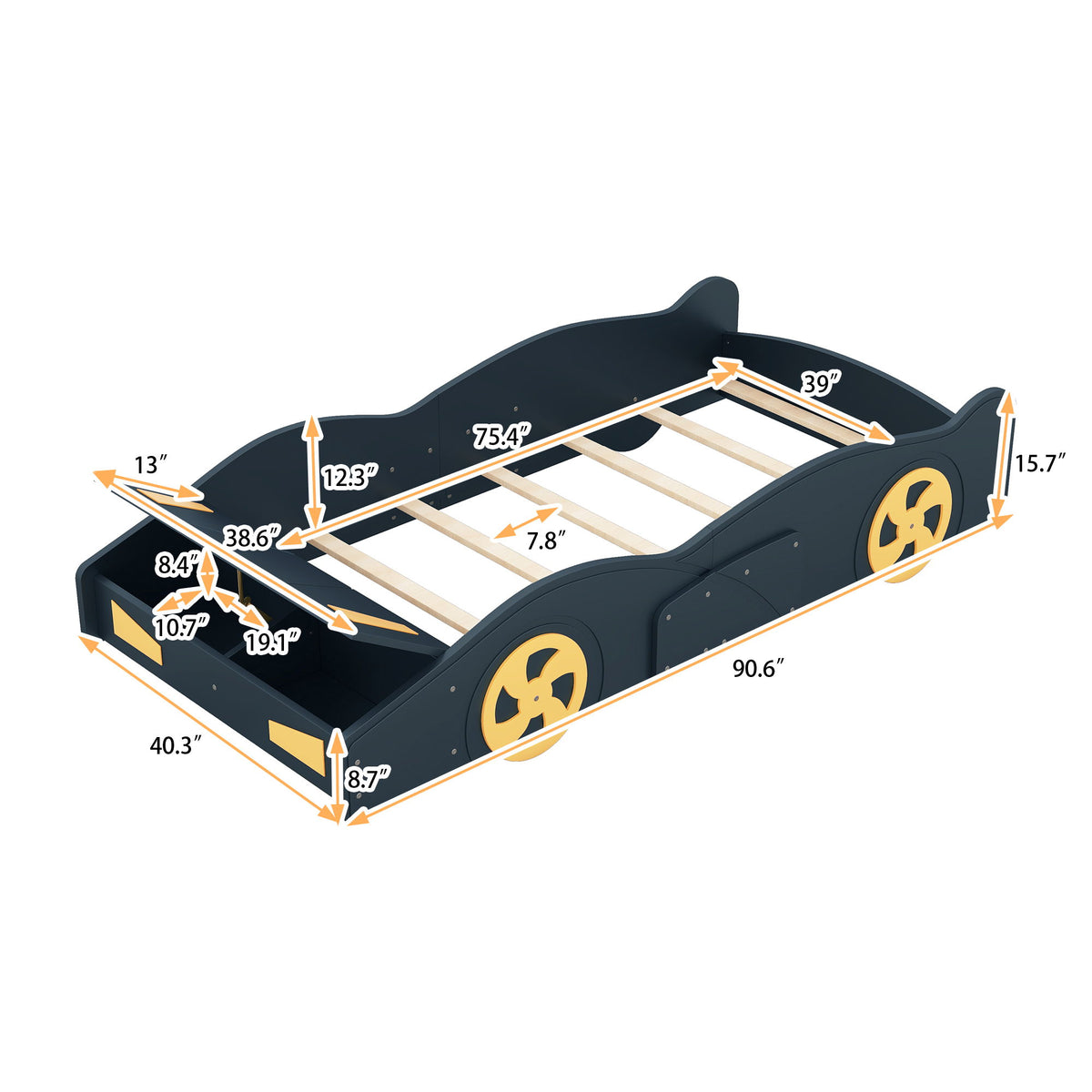 Race Car Shaped Platform Bed With Wheels And Storage