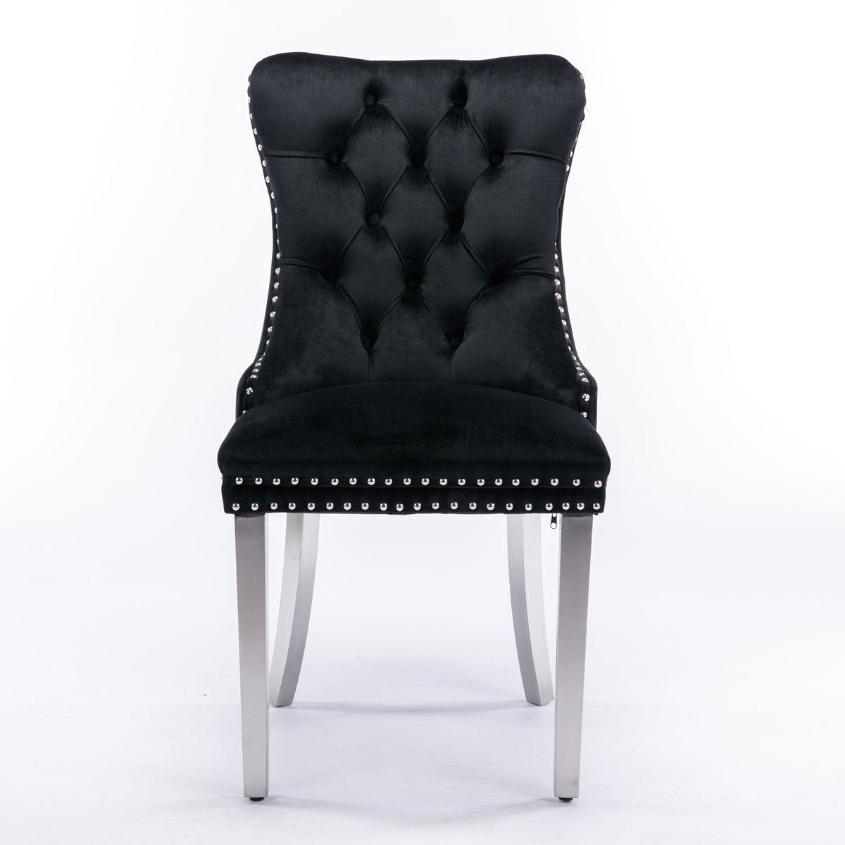 Nikki - Silla de comedor moderna y de alta gama, de madera maciza capitoné, tapizada en terciopelo, con patas de acero inoxidable cromado y ribete de tachuelas (juego de 2)