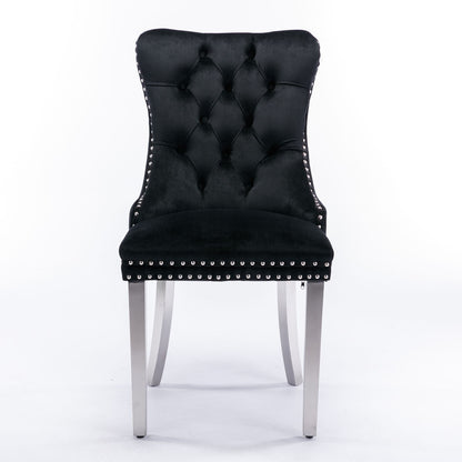 Nikki - Silla de comedor moderna y de alta gama, de madera maciza capitoné, tapizada en terciopelo, con patas de acero inoxidable cromado y ribete de tachuelas (juego de 2)