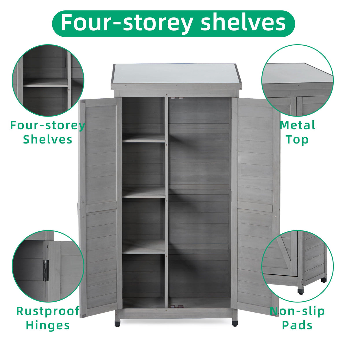 Wood Outdoor Storage Cabinet With Metal Top Garden Shed For Yard And Patio - Gray