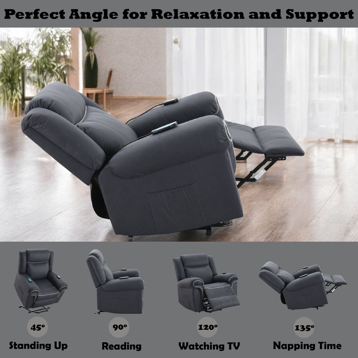 Domana - Sillón reclinable eléctrico Nirion de microfibra pulida con calefacción y elevación - Azul oscuro