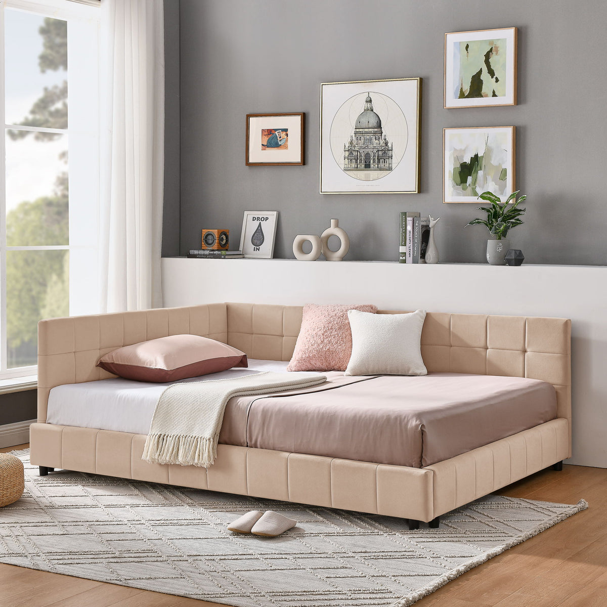 Mid-Century Storage Upholstered Tufted Bed Frame With Backrest And Armrests