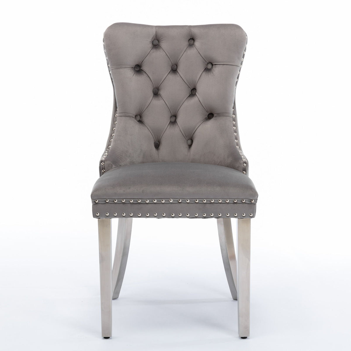 Nikki - Silla de comedor moderna y de alta gama, de madera maciza capitoné, tapizada en terciopelo, con patas de acero inoxidable cromado y ribete de tachuelas (juego de 2)