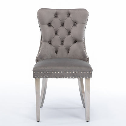 Nikki - Silla de comedor moderna y de alta gama, de madera maciza capitoné, tapizada en terciopelo, con patas de acero inoxidable cromado y ribete de tachuelas (juego de 2)