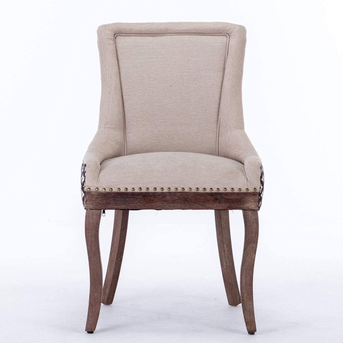 Silla de comedor Ultra Side, de tela gruesa con patas de madera maciza en tonos neutros y tachuelas de bronce (juego de 2)