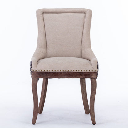 Silla de comedor Ultra Side, de tela gruesa con patas de madera maciza en tonos neutros y tachuelas de bronce (juego de 2)