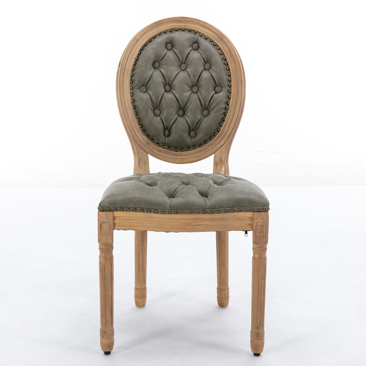 Silla de comedor de estilo francés con marco de madera maciza, pintura antigua, hebillas hechas a mano, cuero sintético de PU, ribete de tachuelas y patas de madera.