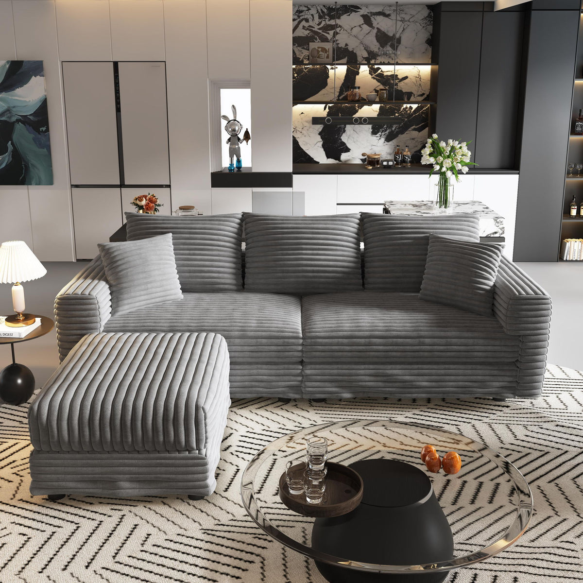 3 Seat Sofa, Deep Seat Couches With Soft Pillows And 1 Ottomans, Convertible Sofa Lounge Chair, For Living Room - Gray