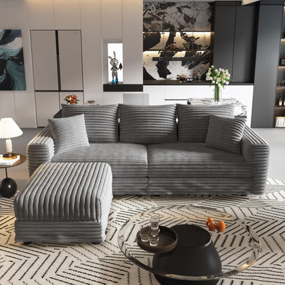 3 Seat Sofa, Deep Seat Couches With Soft Pillows And 1 Ottomans, Convertible Sofa Lounge Chair, For Living Room - Gray
