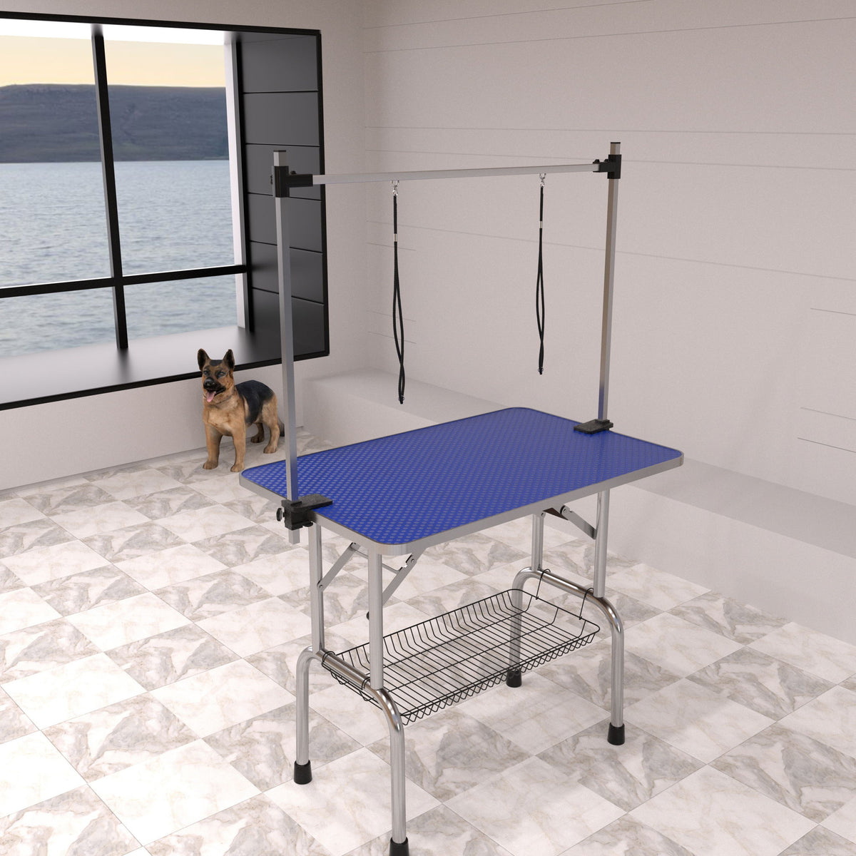 Mesa de aseo plegable para perros y gatos con marco de acero inoxidable y alfombrilla de goma integrada, brazo ajustable y abrazaderas.
