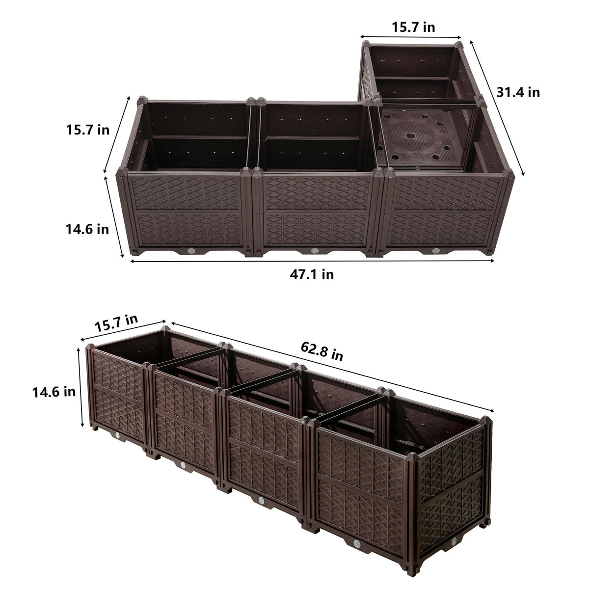 Indoor / Outdoor Rectangular Plastic Planting Box Kit For Vegetables, Herbs, Flowers & Succulents, Coffee, Polypropylene, 62.80" - Coffee