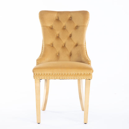 Nikki - Silla de comedor moderna y de alta gama, de madera maciza capitoné, tapizada en terciopelo, con patas de acero inoxidable dorado y ribete de tachuelas (juego de 2)