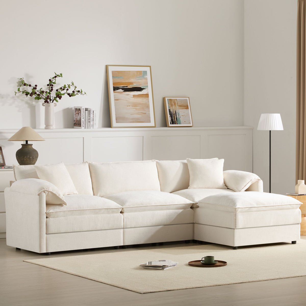 Modular Sectional With Deep And Wide Seat, Cloud Couch Set With Double Cushions Sofa With Movable Ottoman