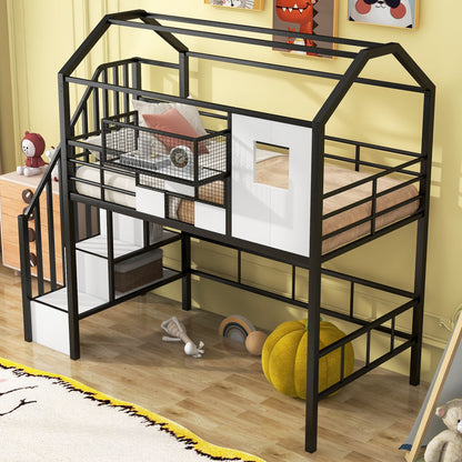 Metal Loft Bed With Roof Design And Storage Box With Guardrails And Integrated Ladder