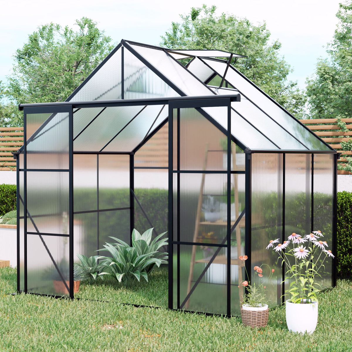 Double Door Polycarbonate house Raised Base And Anchor Aluminum Heavy Duty Walk In houses For Outdoor Backyard In All Season