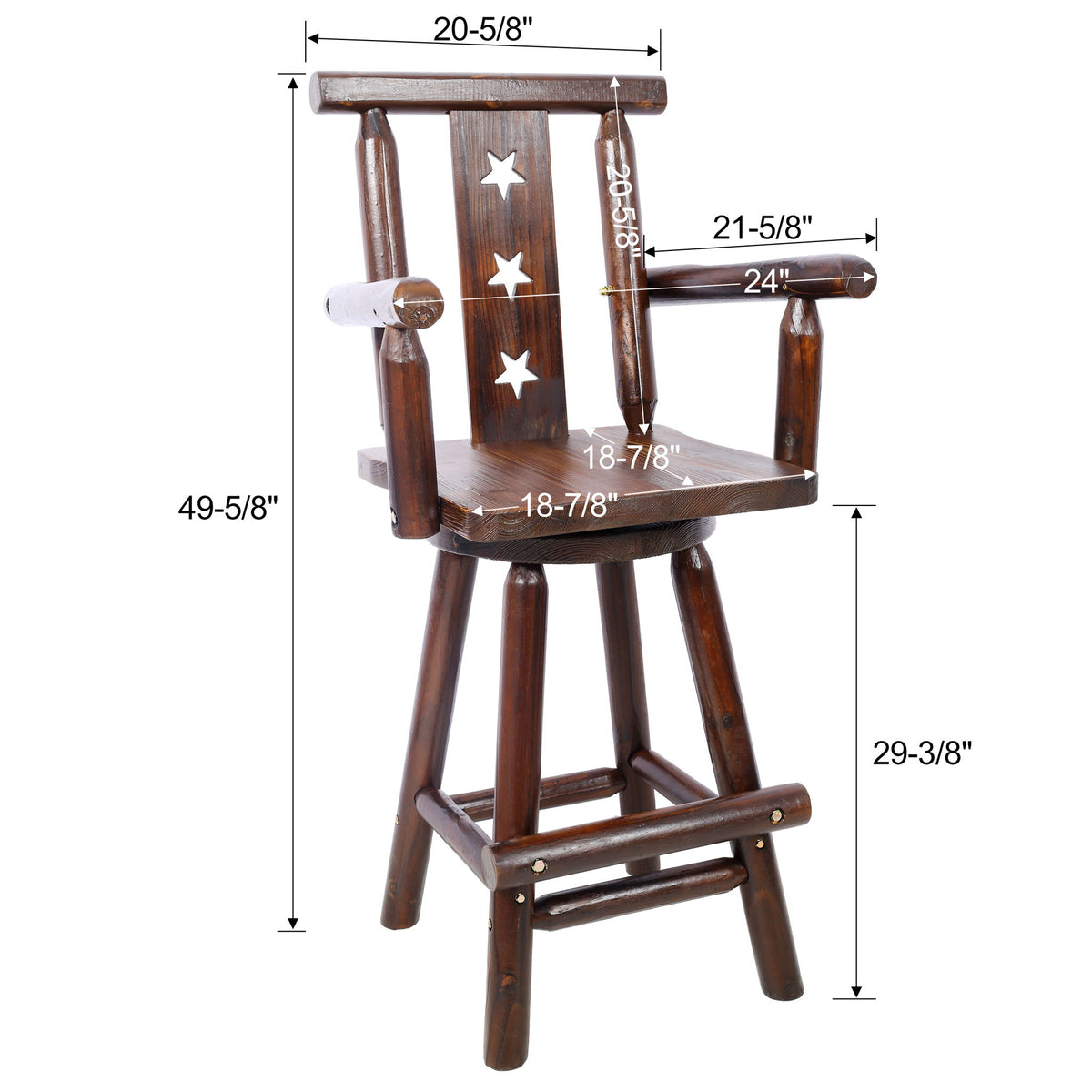 Rustic Tall Bistro Chair Decorative Star Backrest And Footrest, Fir Wood, 4 Foot - Brown