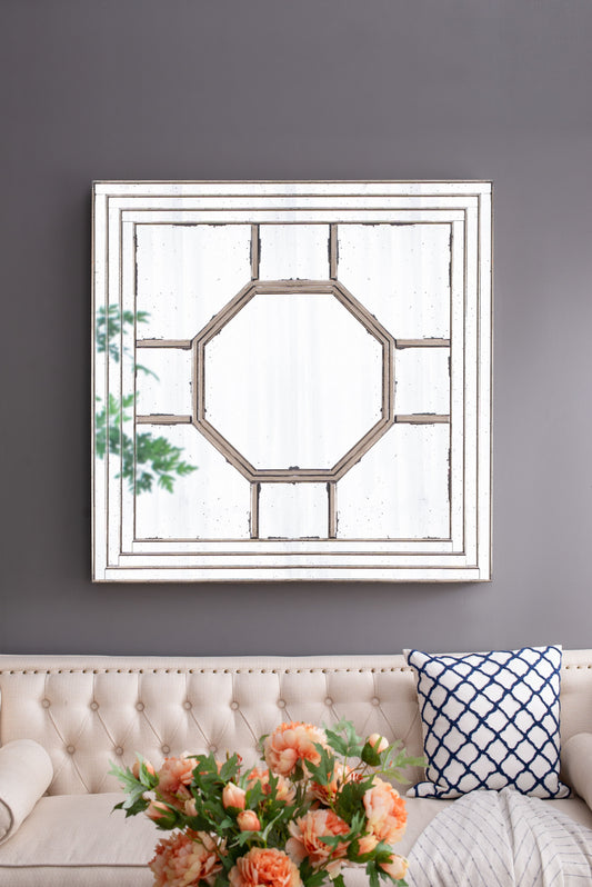 Espejo de pared cuadrado decorativo de estilo antiguo con marco de espejo, decoración de pared para la entrada de la sala de estar, consola para apoyar en la pared - Plateado