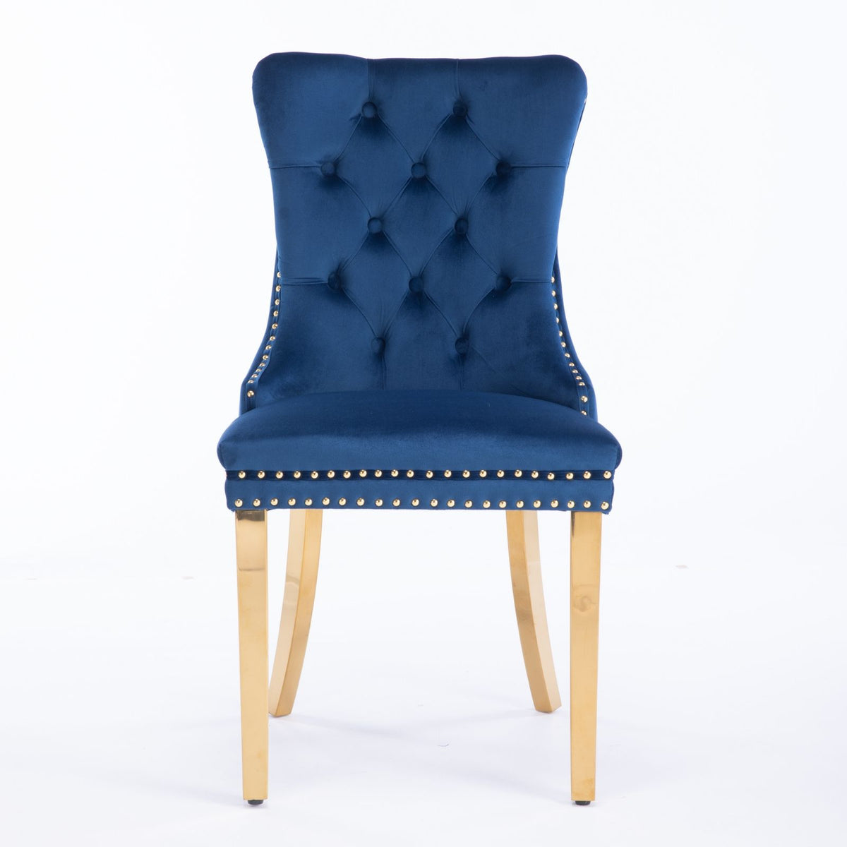 Nikki - Silla de comedor moderna y de alta gama, de madera maciza capitoné, tapizada en terciopelo, con patas de acero inoxidable dorado y ribete de tachuelas (juego de 2)