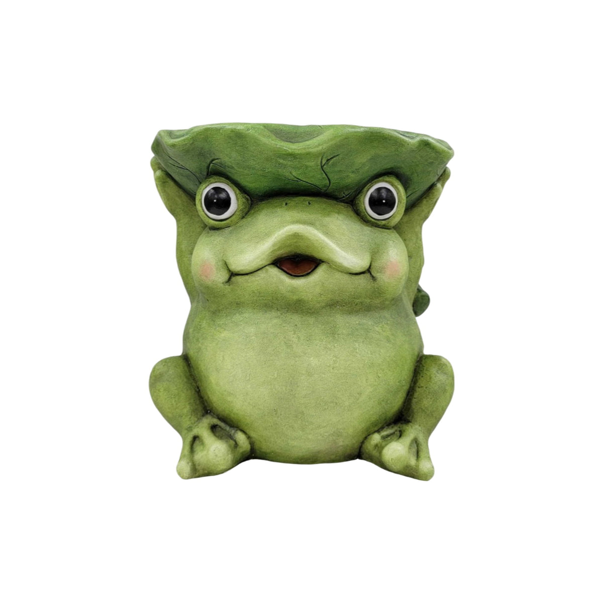Cute Frog Statue With Lotus Leaf Hat, Cartoon Animal Figurine Decor, Outdoor Garden Sculpture Ornament For Porch - Moss Green