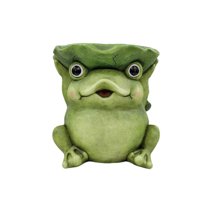 Cute Frog Statue With Lotus Leaf Hat, Cartoon Animal Figurine Decor, Outdoor Garden Sculpture Ornament For Porch - Moss Green