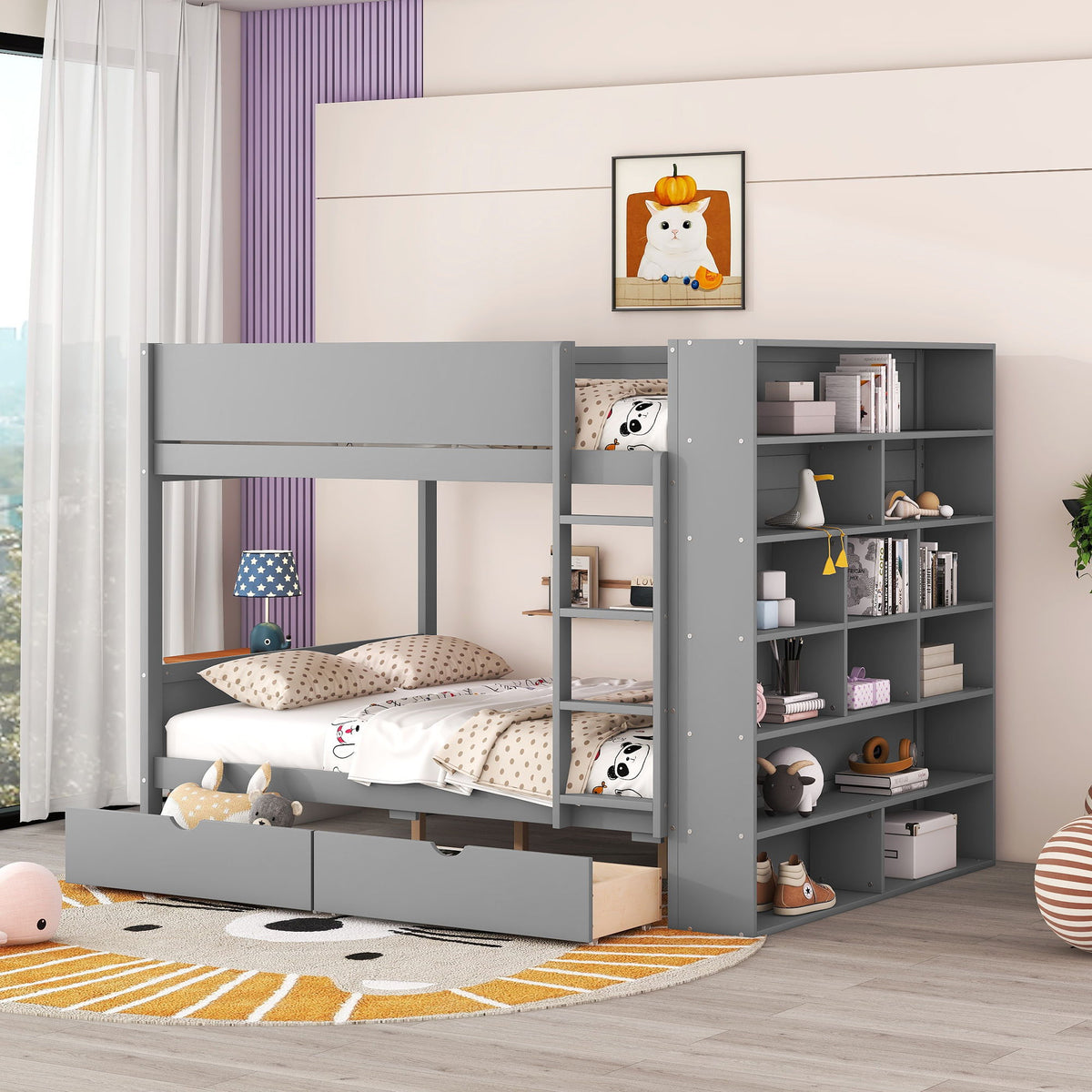Full Over Full Bunk Bed With 2 Drawers And Multi-Layer Cabinet - Gray