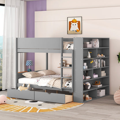 Full Over Full Bunk Bed With 2 Drawers And Multi-Layer Cabinet - Gray