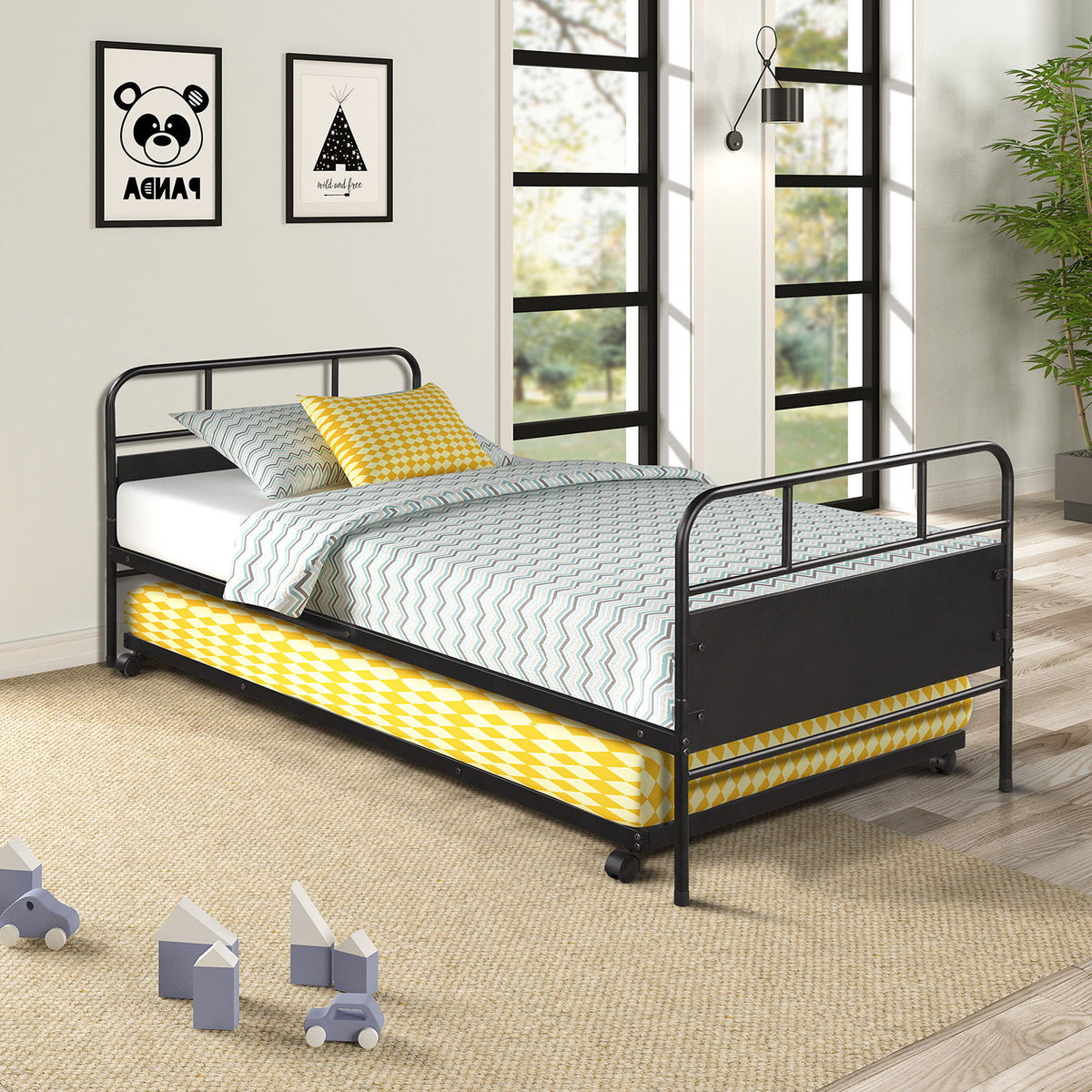Cama nido individual con plataforma y ruedas integradas, color negro