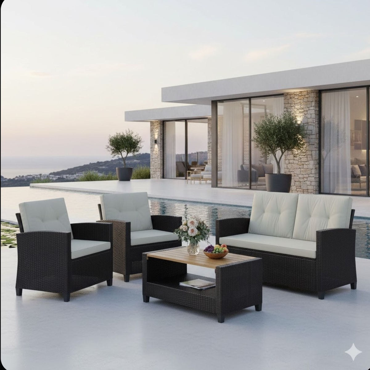 Modern All-Weather Patio Set With Cushions And Table