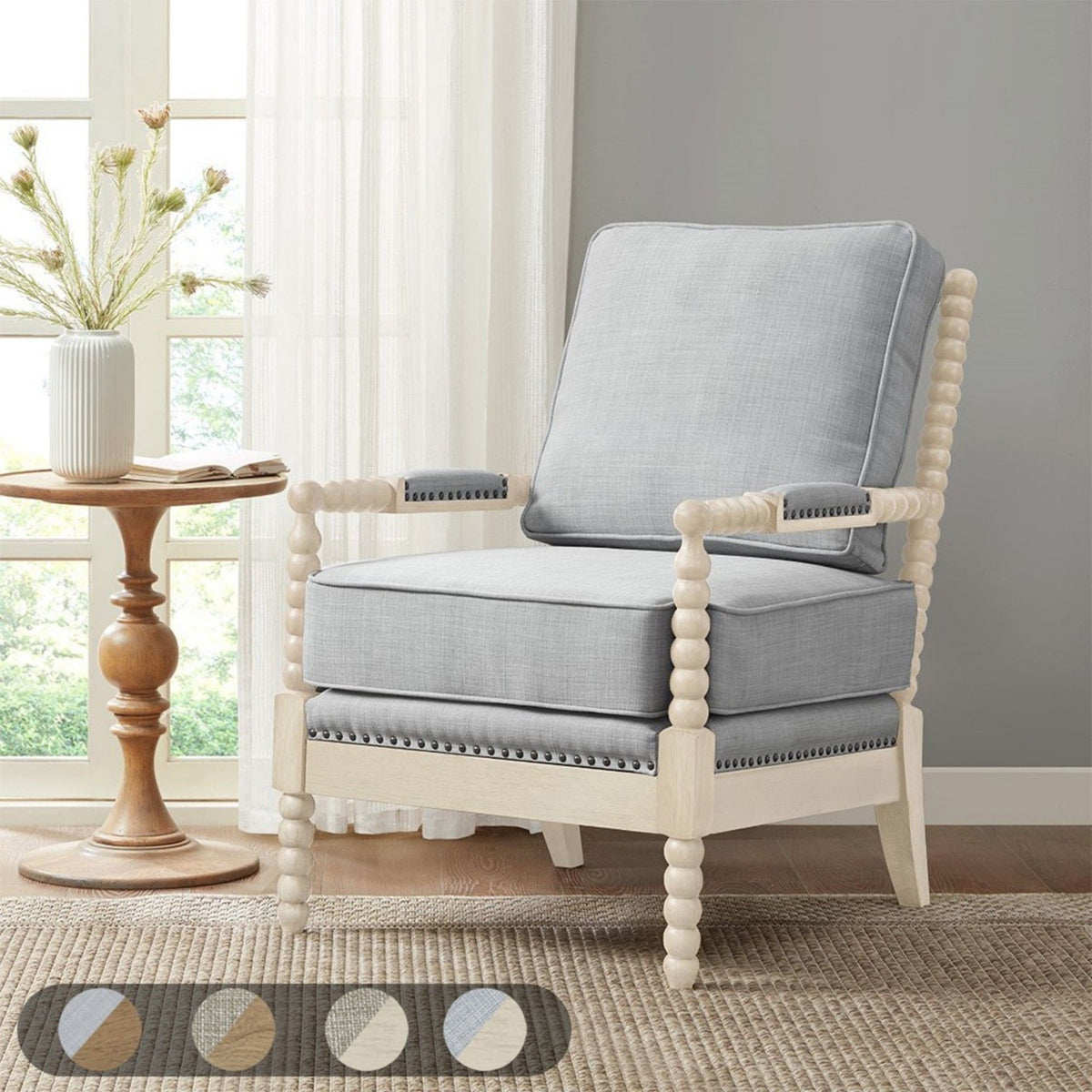 Arm Chair With Open Back Spindle Design, Padded Armrests