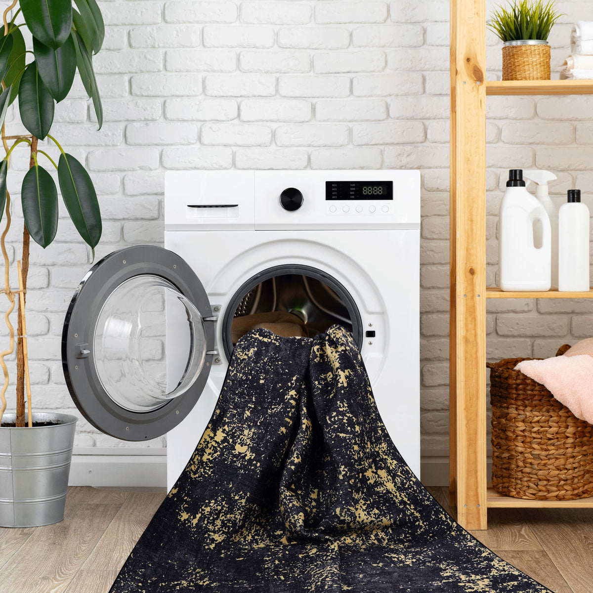 Maval - 6' X 9' Washable Area Rug - Black / Gold