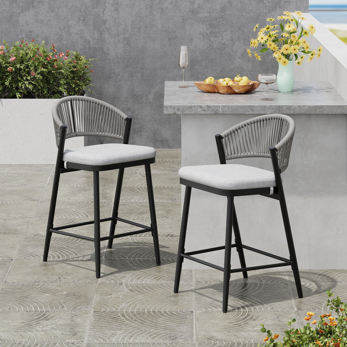 Outdoor 26" Counter Height Metal Frame Counter Stools With Scallop Shaped Backrest & Water Resistant Cushions
