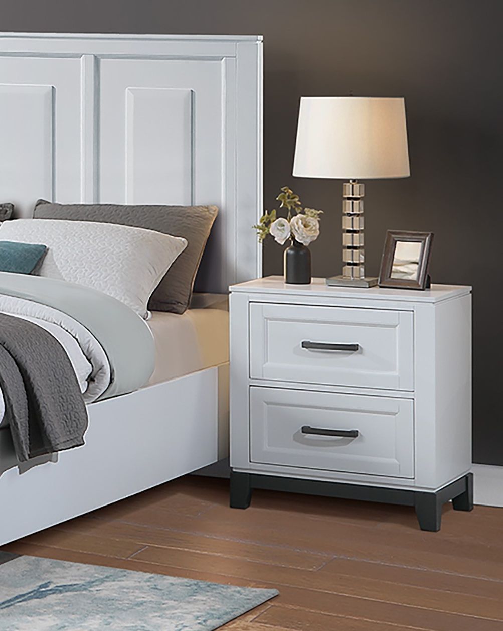 3 Piece Bedroom Furniture Panel Headboard White Eastern King Size Bed W Underbed Drawers Nightstand Chest Gray