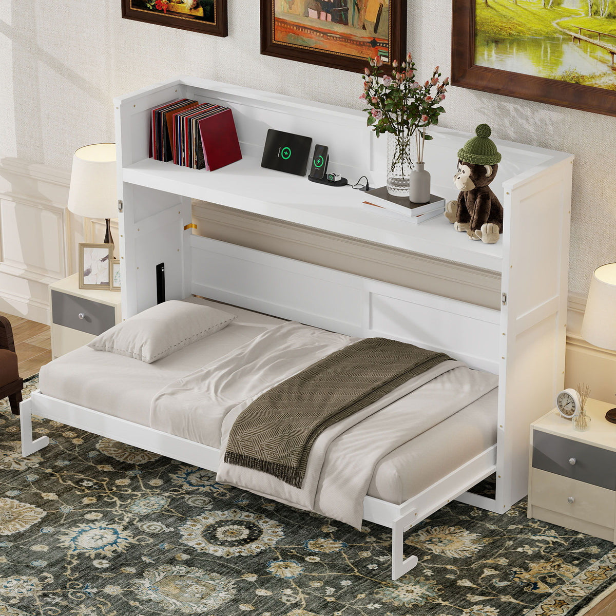 Murphy Bed With Desk, LED Light And USB Charging Station
