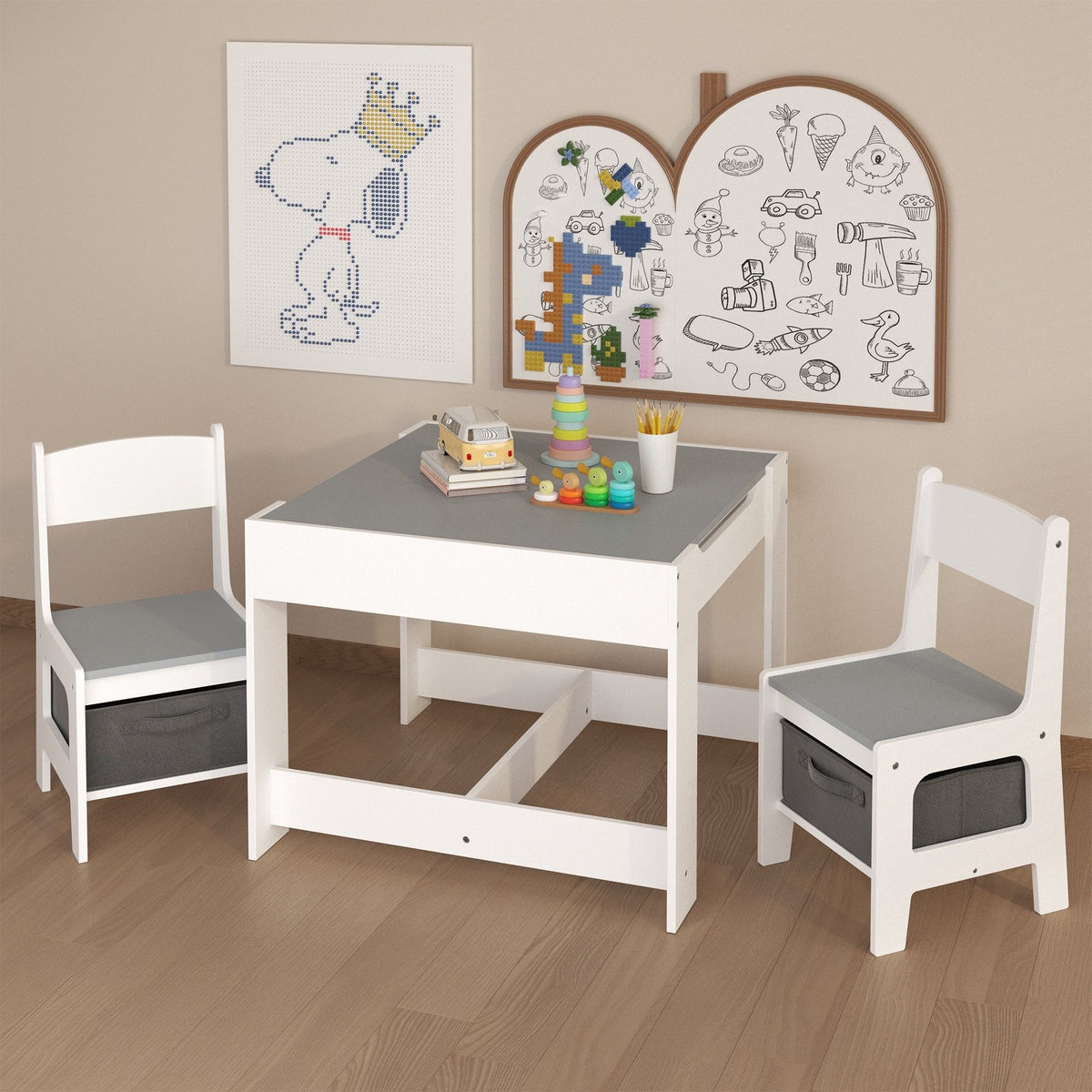 Kids Table And Chair Set, 3 In 1 Activity Table With Storage Drawer For Toddlers Drawing, Reading, Crafts, 2 In 1 Detachable Top - White