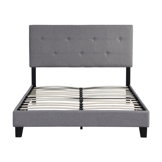 Full Size Upholstered Platform Bed Frame With Modern Button Tufted Linen Fabric Headboard, No Box Spring Needed, Wood Slat Support - Gray
