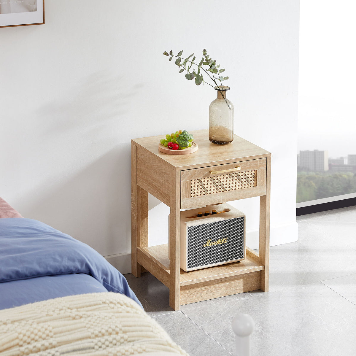 Mesa auxiliar de ratán de 40 cm con cajón, mesita de noche moderna, mesa auxiliar para sala de estar y dormitorio