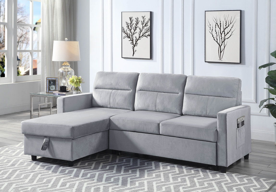 Ruby - Reversible Sleeper Sectional Sofa With Storage Chaise And Side Pocket - Light Gray